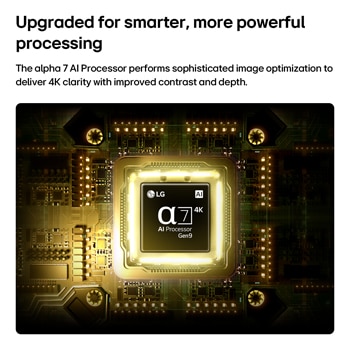 Een Alpha 7 AI Processor 4K Gen9 van de LG QNED AI QNED70 Mini LED straalt in het midden van een gele printplaat en benadrukt de slimmere, krachtigere AI-verwerking die de helderheid van 4K-beelden verbetert met een beter contrast en meer diepte.